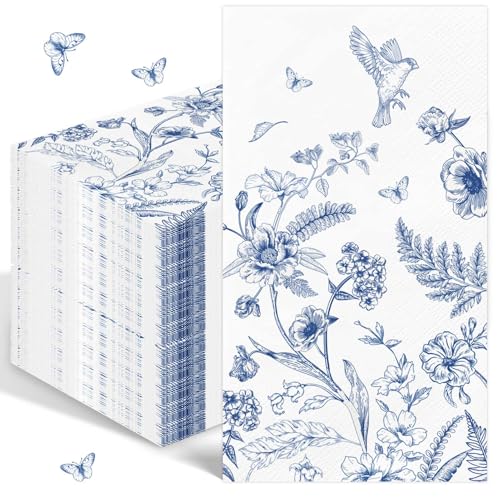 100PCS Blue Floral Napkins Disposable Hand Towels for Bathroom 3 Ply Blue and White Paper Napkins Vintage Bird Flower Guest Napkins Chinoiserie Napkins for Spring Wedding Bridal Shower Cocktail Party