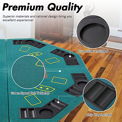 48 Inch Foldable Poker Table Card Topper, Portable 8-Player Poker Tabletop Mat W/Cup Holder And Carrying Bag,Texas Hold 'Em Foam Poker Table Top Layout For Blackjack Board Game,Green Speed Felt #TOP1