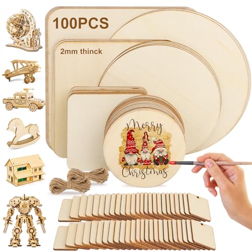 QUOTRE 100 Pièces Plaques en Bois Disques en Bois non Traitées pour l'artisanat 7 Tailles avec Corde de Chanvre pour Bricolage Pyrogravure Sculpture Peinture