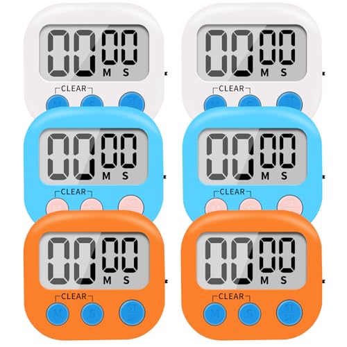 6 Pack Small Digital Kitchen Timer Magnetic Back and ON/Off Switch,Minute Second Count Up Countdown (Multicolored)