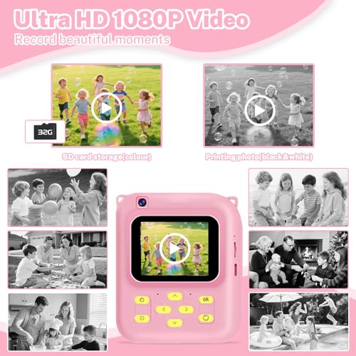 Image of Instant Print Camera for Kids, 1080P Video Camera with 3 Print Rolls | 32GB Card & Cute Cover, Gift for Girls Boys Age 3-12, Toddler Digital Camera with Games, Filters, Music - Pink