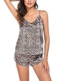 Ekouaer Womens Sleepwear Soft Lingerie Satin Silk Pajamas Cami Shorts Set Nightwear Leopard Small