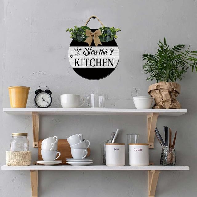 Bless This Kitchen Farmhouse Rustic Wooden Wreath Hanging Sign - Kitchen Wall Decor