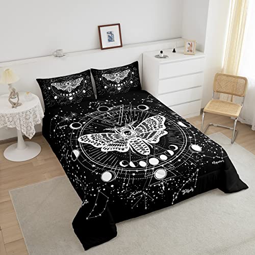 Kids Boho Moth Comforter Set Queen Boys Gothic Skull Bedding Set For Men Women Bedroom Decor Bohemian Moon Starry Sky Comforter Exotic Moth Skull Skeleton Bones Duvet Set Teens Quilt Set, Black White #TOP2