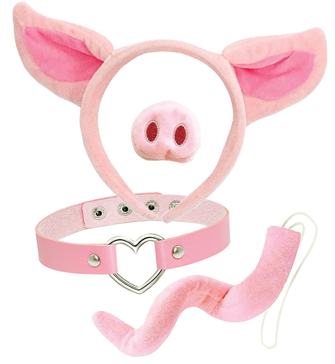 Pig Costume Women Adult Piggy Costumes with Pig Nose Snout, Ears Headband and Tail with Sexy Heart Choker Necklace for Halloween or Cosplay 4 PC