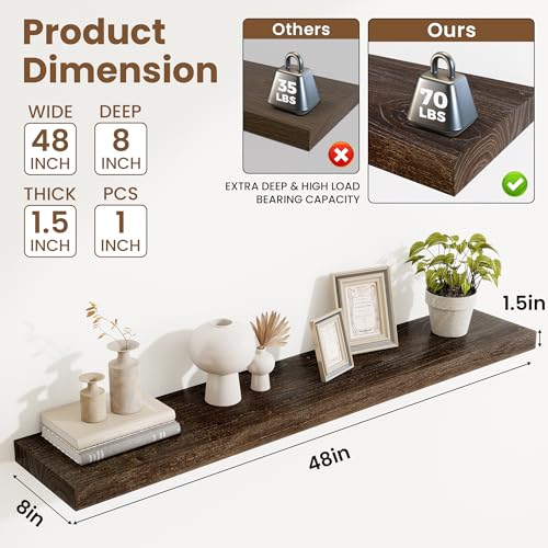 Image of Acovy Extra Deep 48 inch Long Rustic Solid Wood Floating Shelves for Wall, Wall Shelves with Invisible Bracket for Living Room Bathroom Bedroom Kitchen, Set of 1, Walnut