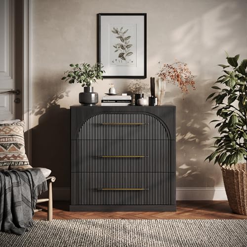 BELLEZE Bookcase with 3 Drawers, Modern Book Shelf with Adjustable Shelves and Metal Handle, Wood Bookshelves for Living Room Office Entryway (Ebony) Jagger 33 Inch Ebony C 1