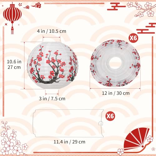 Image of 6 Pcs White Paper Lanterns Decorative 10x12 Inch, ZUEXT Cherry Blossom Hanging Round Chinese /Japanese Lantern for Festival Theme Birthday Party Wedding Home Yard Japanese Eateries Decor Oriental Style