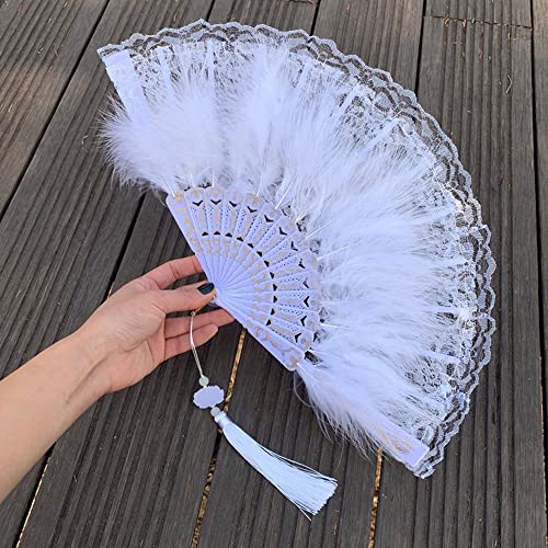 Duories Lace Feather Hand Fan with Tassel Pendant