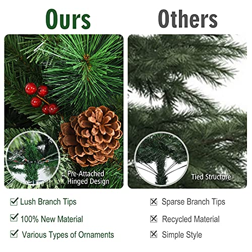 Goplus 7Ft Artificial Christmas Tree, Unlit Premium Hinged Xmas Pine Tree With Pvc Branch Tips, Pine Needles, Red Berries, Pine Cones & Folding Metal Stand, Perfect For Home, Party, Holiday Decoration #TOP4