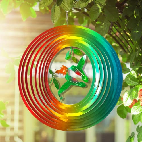 Fonmy Wind Spinner Outdoor Metal 3D Hanging Garden Decoration For Indoor Outdoor Rainbow Color Hummingbird Metal Wind Spinners-12Inch #TOP2