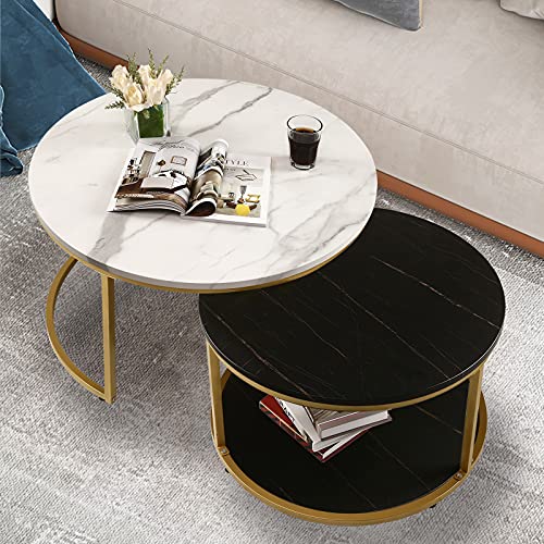 Image of NSdirect Nesting Coffee Table Set of 2,Round Coffee Tables Modern Circle Table for Living Room Accent End Side Table with Storage Open Shelf Wooden Top & Gold Sturdy Metal Frame(White&Black)