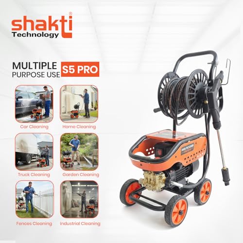 Image of Shakti Technology - S5 PRO High Pressure Washer 2000W (Max 160 Bar) | Adjustable Pressure Knob, Self-Intake & Auto-Stop System | Heavy Duty Car /Bike /Solar Cleaning Machine with 12M Hose Reel