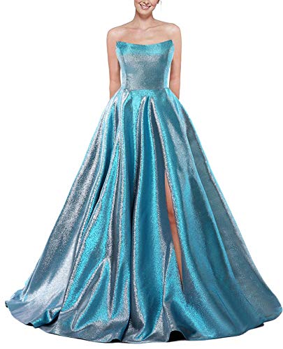 P PROMSTAR Strapless Prom Dresses Glitter with Slit Long Ball Gowns for Women Formal A Line Evening Dress Silver-Teal Size 4