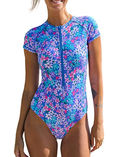 Image of CUPSHE Women's Rash Guard One Piece Swimsuit Short Sleeve Zip Up | Non-Removable Cups, Medium Support, Front Zip, Mock Neck, Fully Lined, UV Swim Shirt, Sporty Bathing Suit