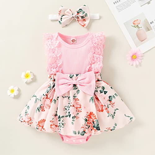 Younger Tree Baby Girl Clothes Newborn Romper Floral Baby Onesie Dress Infant Jumpsuit Headband Baby Girl Summer Outfit(3-6 Months,Pink) #TOP2