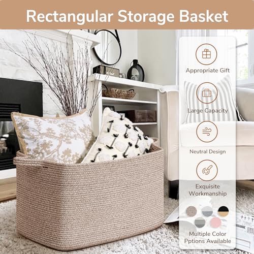 Image of Goodpick 85L Large Woven Rope Blanket Basket, Rectangle, Brown