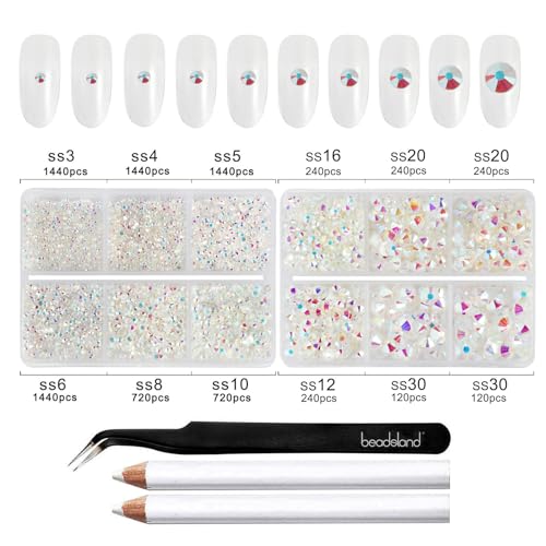 Image of Beadsland Flatback Rhinestones, Transparent AB, 8300pcs Mixed 10 Sizes | Crystal Rhinestone Round, for Crafts Nails,With Wax Pencil and Tweezers Kit , SS3-SS30