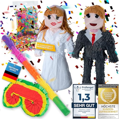 Pinata décoration de fête à remplir de bonbons pour anniversaire enfant mariage fête (Couple de mariés + baguette & masque pour les yeux)