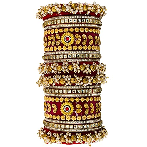 The Opal Factory Golden leaf Bridal Jewellery Bangles Set Gold Plated Punjabi Chuda Set for Wedding with Rajasthani Kundan Meenakari Stones and Pearl Bangles for Women and Girls (Red, 2.6)
