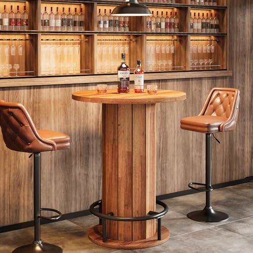 Image of Tribesigns Round Dining Table, Bar Height Commercial Kitchen Table with Wood Strip Base and Footrest, for Dining Room, Restaurant, Cafe, Bakery, School, Apartment, Walnut Brown (Only Table)