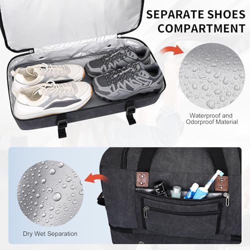 WITZMAN Canvas Weekender Bag Mens Overnight Bag for Traveling Carry on Duffle Bags with Shoes Compartment（A8010 Black）4