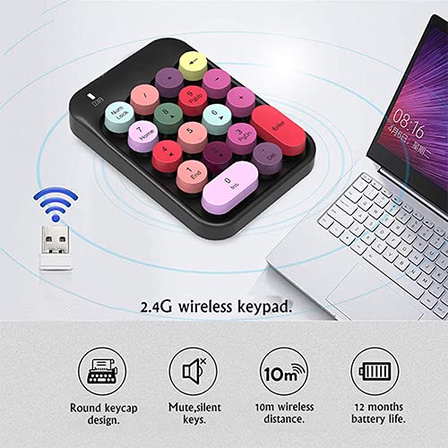 Alkem Wireless Number Pad 2.4GHz Wireless Numeric Keypad Retro Style Round Keycaps Numpad 18 Keys Portable Number Keyboard with USB Receiver for Laptop, Notebook, Surface, Mac, Pad (Black)
