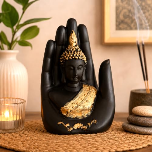 Golden Handcrafted Palm Buddha Polyresin Showpiece (12.5 cm x 7.5 cm x 17.5 cm, Black)
