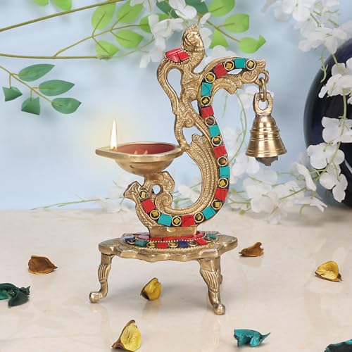 ARTVARKO Brass Multicolor Bird Peacock Traditional Hanging Bell Diya Oil
