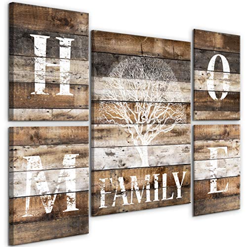 decomonkey | Impression sur Toile intissée Home Arbre 110x80 cm | 5 Piece | Tableau mural Image sur Toile Photo Images Motif Moderne Décoration tendu sur Chassis Bois Vintage Retro Family Home Cover