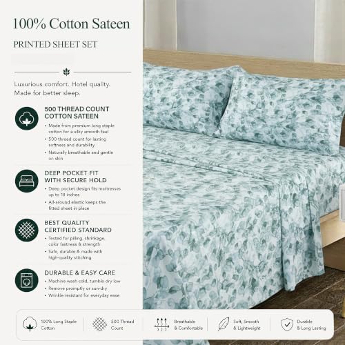 Image of Feather & Stitch Printed 500 TC Split King Size Sheet Set, 5 Piece Bed Sheets Set-2 Twin Fitted Sheet, 1 King Flat Sheet & 2 King Pillowcases, 18 inch Deep Pockets Sateen Weave Bedsheet - Green Leaf