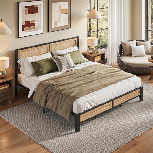 LIKIMIO Queen Bed Frame Platform Bed Frame with Rattan Headboard and Sturdy Metal Slats Support Noise Free No Box Spring Needed Easy Assembly