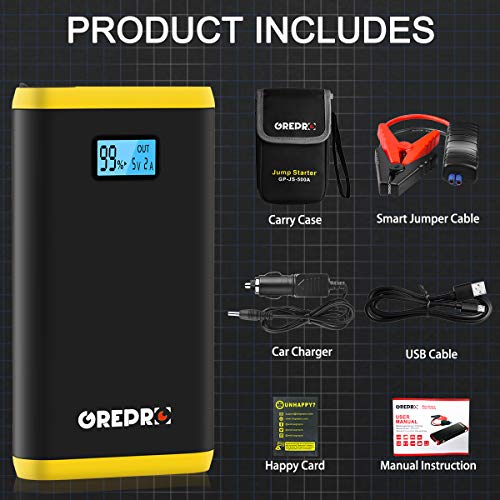 GREPRO Car Battery Jump Starter for 12V Vehicle (up to 4.5L Gas, 2.5L Diesel Engine), Battery Booster Jump Starter with LED Flashlight and LCD Screen, Portable Power Pack with Quick Charge