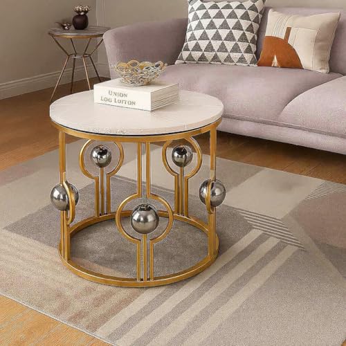 Image of Marble Look Coffee Table, Round Accent Metal Center Table with Golden Metal Golden White
