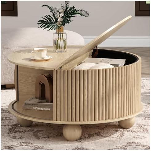 JOINICE Round Coffee Table with Storage, 31.5" Natural Oak Fluted...