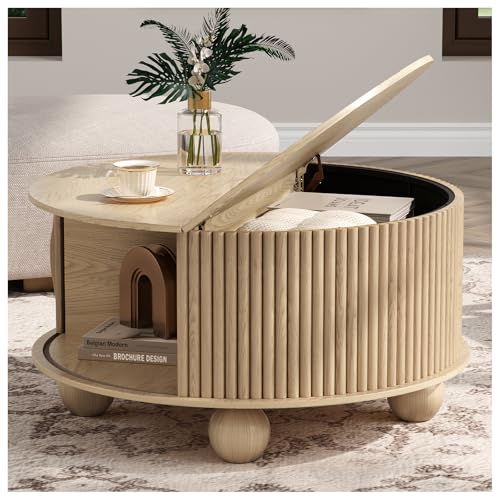 JOINICE Round Coffee Table with Storage, 31.5' Natural Oak Fluted Drum Center Table, Scandi Japandi Wood Circle Table with Sliding Door & Bun Feet for Living Room