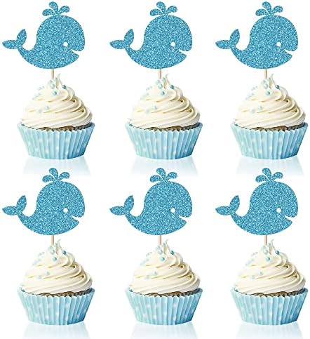 Trelsan 24 Piece Whale Cupcake Toppers - Blue Glitter Baby Shower - Birthday Party Sea Life Themed Cake Toppers