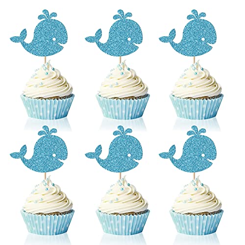 Trelsan 24 Piece Whale Cupcake Toppers - Blue Glitter Baby Shower - Birthday Party Sea Life Themed Cake Toppers #TOP30