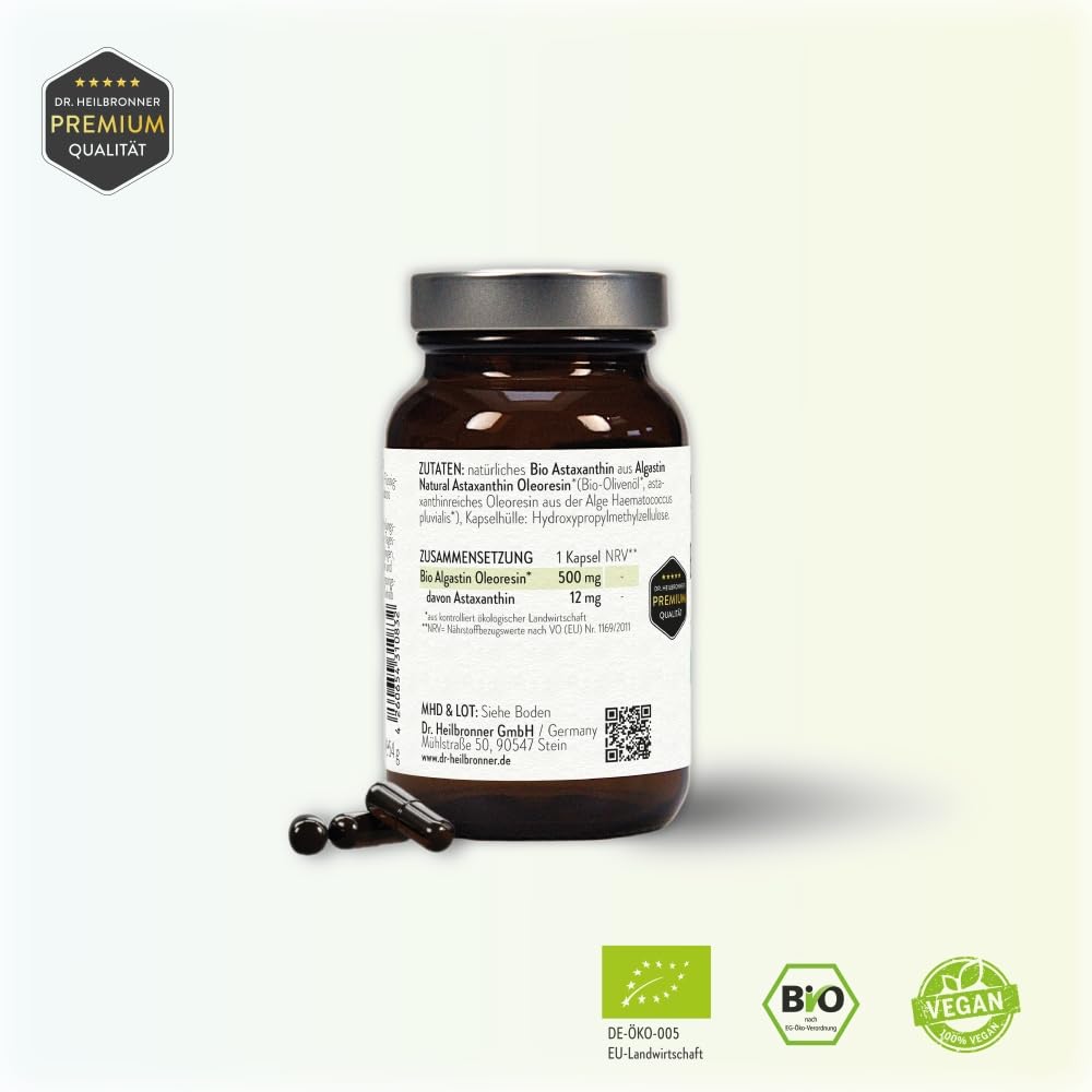 Dr. Heilbronner Astaxanthin 12mg Kapseln hochdosiert in der Glasflasche 90 Stk. I Antioxidantien aus der Vitalalge Haematococcus Pluvialis I Supplements Carotinoide vegan glutenfrei & lactosefrei