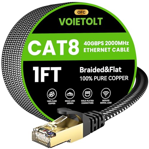 Cat 8 Ethernet Cable 1 FT Flat High Speed 40Gbps 2000Mhz Braided Internet Cable with Gold Plated RJ45 Network LAN Cable SSTP Heavy Duty Ethernet Cord Compatible for PS4/5 for Modems PC/Laptop