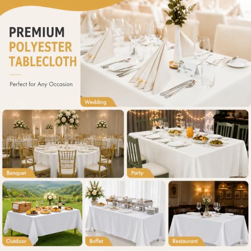Image of 2-Pack Round 120-inch White Table Cloths, Solid Stain and Wrinkle Resistant Circular Tablecloth, Premium Plain Weave Polyester Fabric Table Linen Covers for Hotel, Banquet