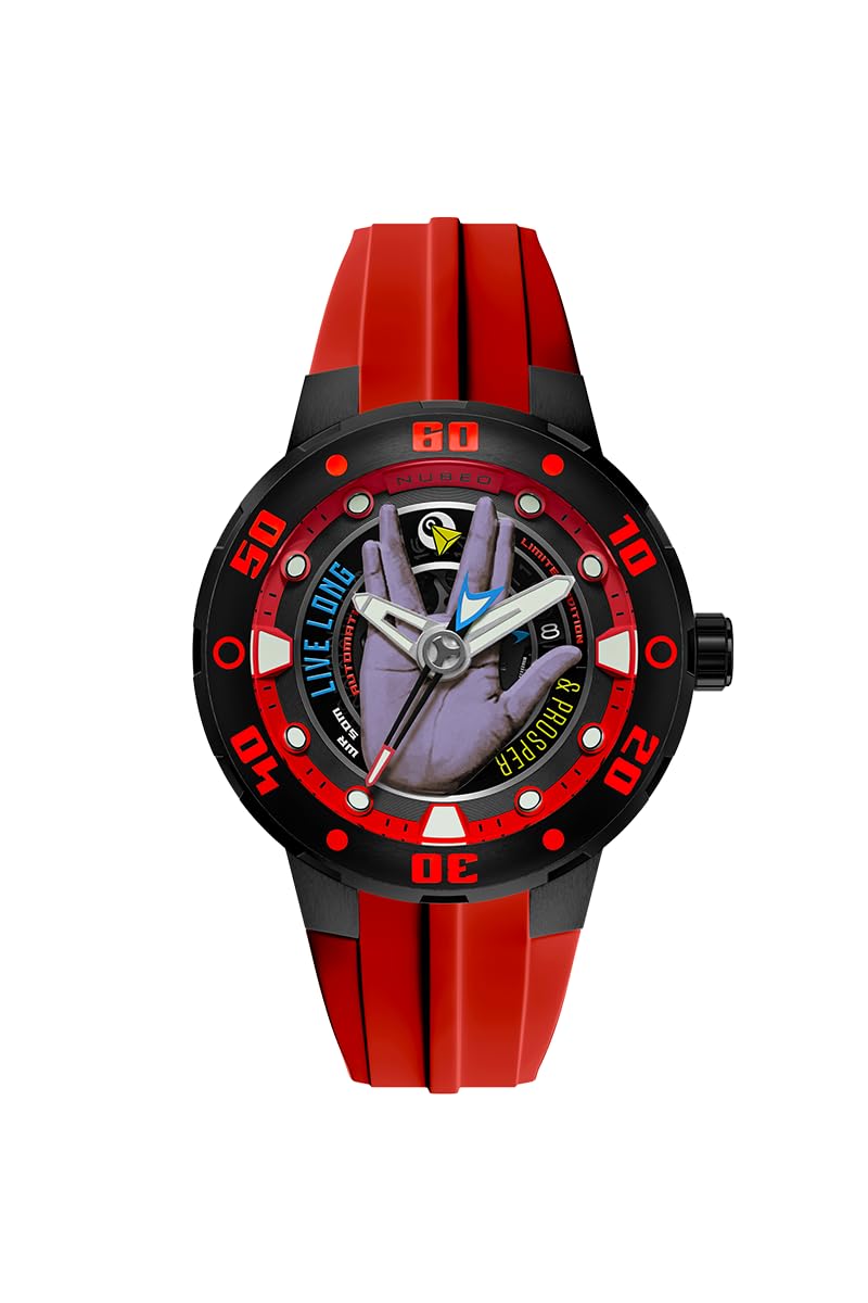 Nubeo Orologio da uomo 50 mm Mariner automatico Star Trek Live Long & Prosper Limited Edition con cinturino in silicone NB-6122, Rosso Vulcaniano, Cinturino