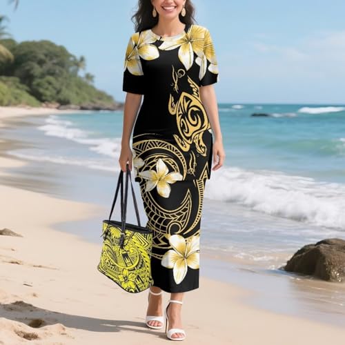 Image of Puletasi Samoan Traditional 2 Piece Outfits for Women Short Sleeve Crop Top and Maxi Skirt Sets Puletasi Dress