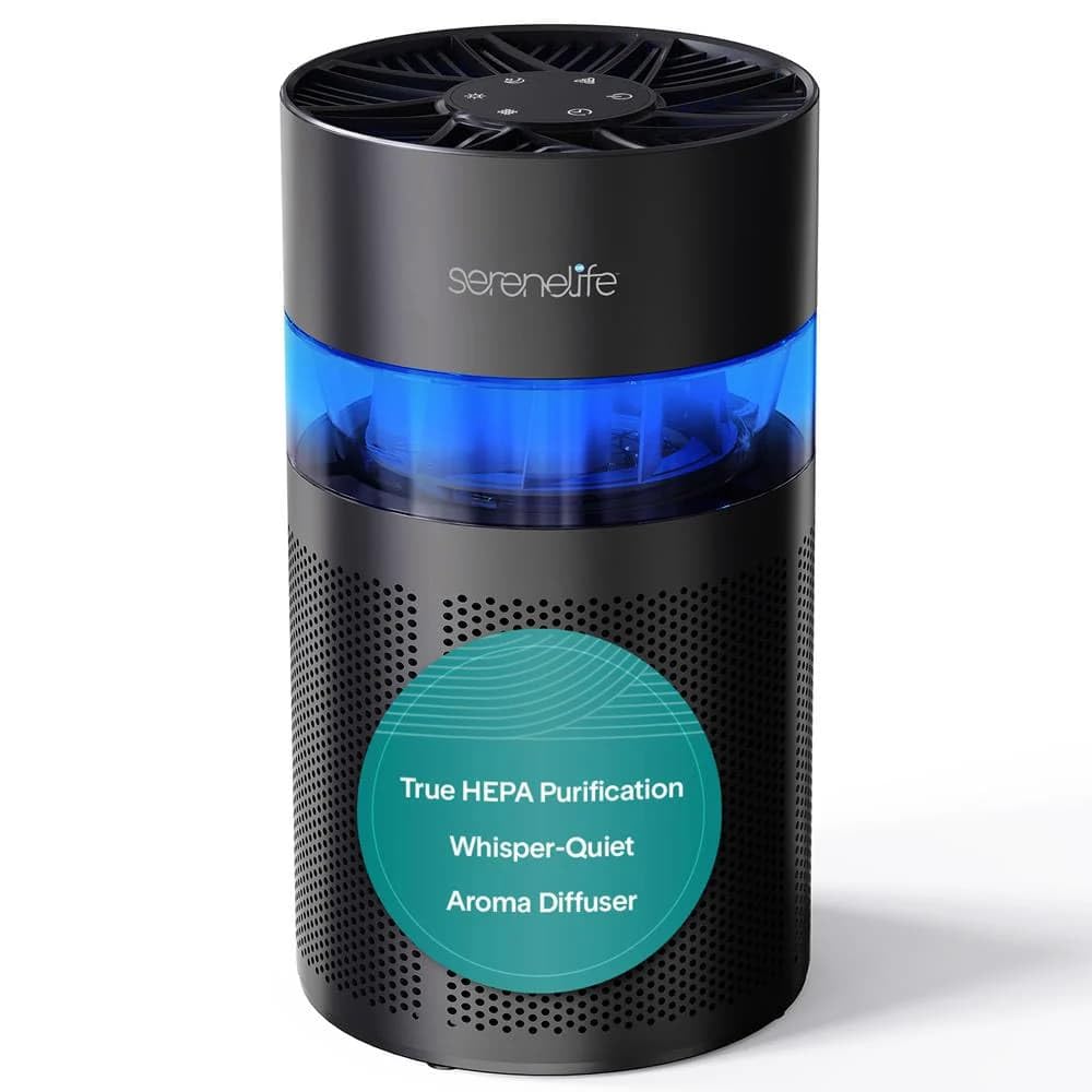 SereneLife Purificatore d’Aria Portatile, Piccolo con Box Aroma e Luce, Alta Filtrazione, 2 Velocità, Timer, Modalità Sonno, Promemoria Filtro, 15x15x30 cm, Air Purifier Nero