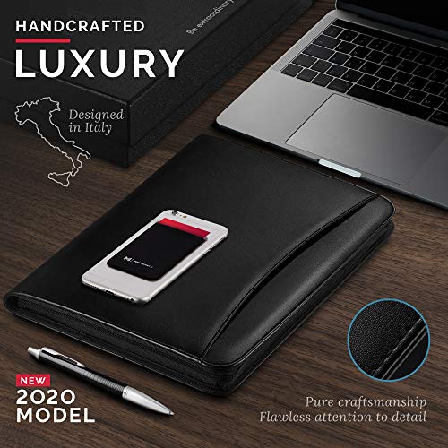 Nero Manetti- Zippered Vegan Leather Padfolio/Portfolio Pad Holder-Business Pu Leather Notepad Folder For Resumes, Interviews, Ipad/Tablet, Phone, Legal Pad Notebook Executive Binder For Women, Men #TOP2