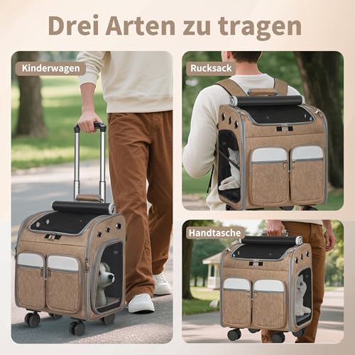 OUUTMEE Haustiertragetasche, Tragetasche mit Rollen, Katzentragetasche mit Rollen, für Katzen und kleine Hunde, 4-Wege-Handtasche, multifunktionaler Rucksack, atmungsaktiv Khaki