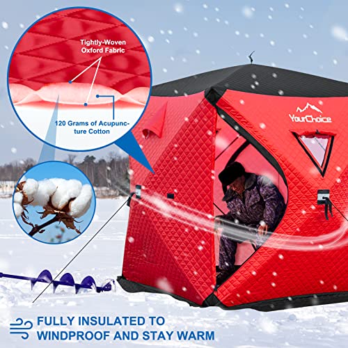 Your Choice Pop Up 3-4 Person Ice Fishing Shelter, Fully Insulated Ice Fishing Shelter, With Insulated Layer To Windproof And Warm Ice Fishing Tent, Ice Fishing Gear And Equipment - Color Red #TOP2