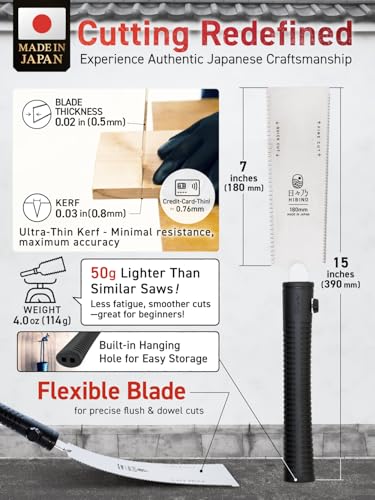 Image of HIBINO Japanese Pull Saw 7 Inch Ryoba | Made in Japan | Double Edge 12 /17 TPI Rip & Crosscut Blade | Compact Handsaw for Precision Woodworking, Joinery & Dovetails | Replaceable Blade