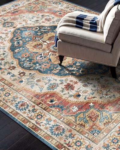 vivorug 9x12 Area Rugs for Living Room, Non Slip Machine Washable Vintage Beige Rug, Ultra-Thin Lightweight Large Area Rug for Bedroom, Dining Room, Low Pile