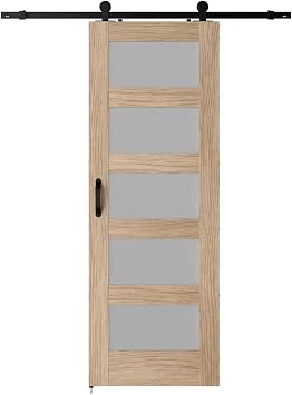 30in x 84in Brown Glass Barn Door with 5.5FT Sliding Door Hardware Kit & Handle,5 Panel Frosted Glass Barn Doors for Bathroom,Wooden Solid MDF Core & Eco Water-Proof PVC Veneer,DIY Assembly